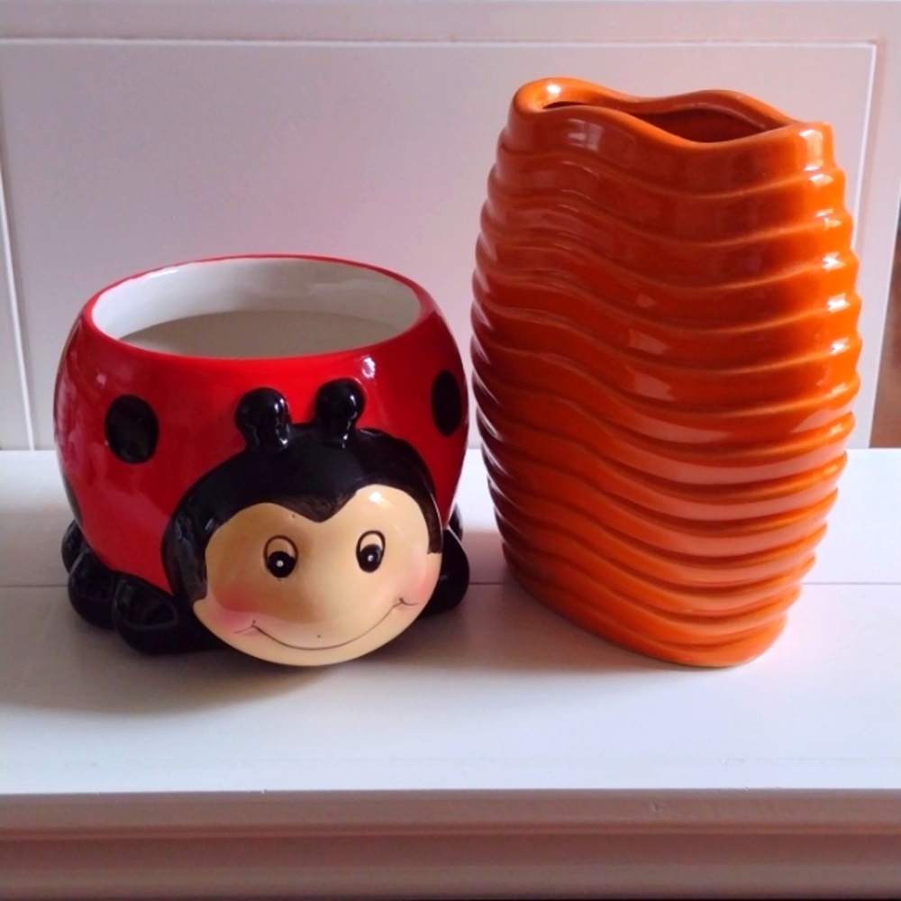 Two Planters Lady Bug & Orange cacti planter